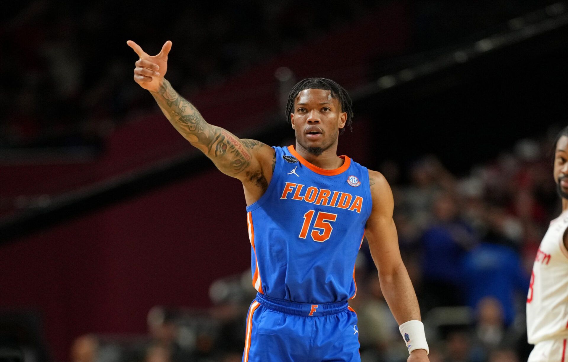 Florida Gators guard Alijah Martin (15) reacts after a play against the Houston Cougars during the second half of the national championship game of the Final Four of the 2025 NCAA Tournament at the Alamodome.