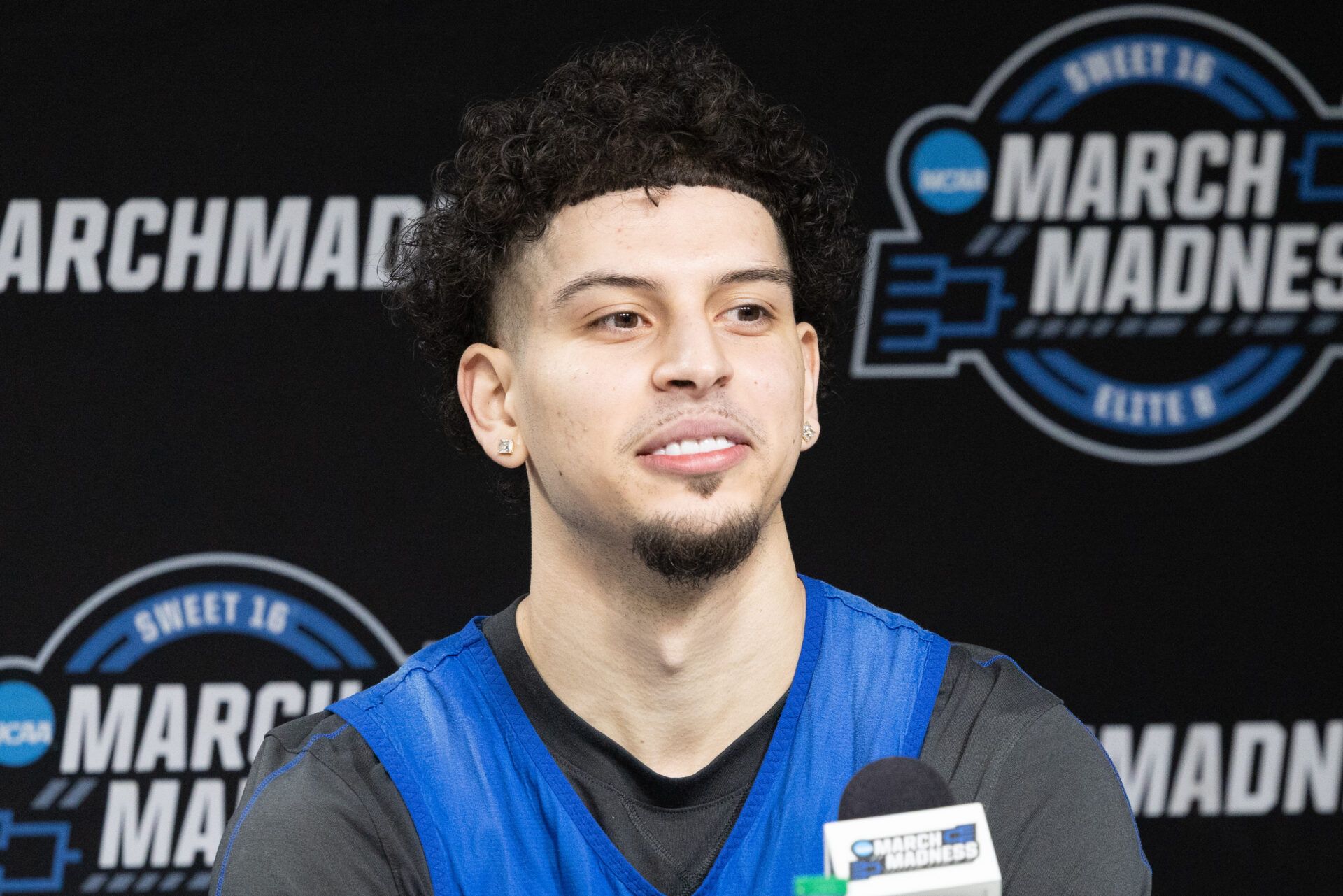 Kentucky Wildcats guard Koby Brea (4) talks to the media during practice day at Lucas Oil Stadium.