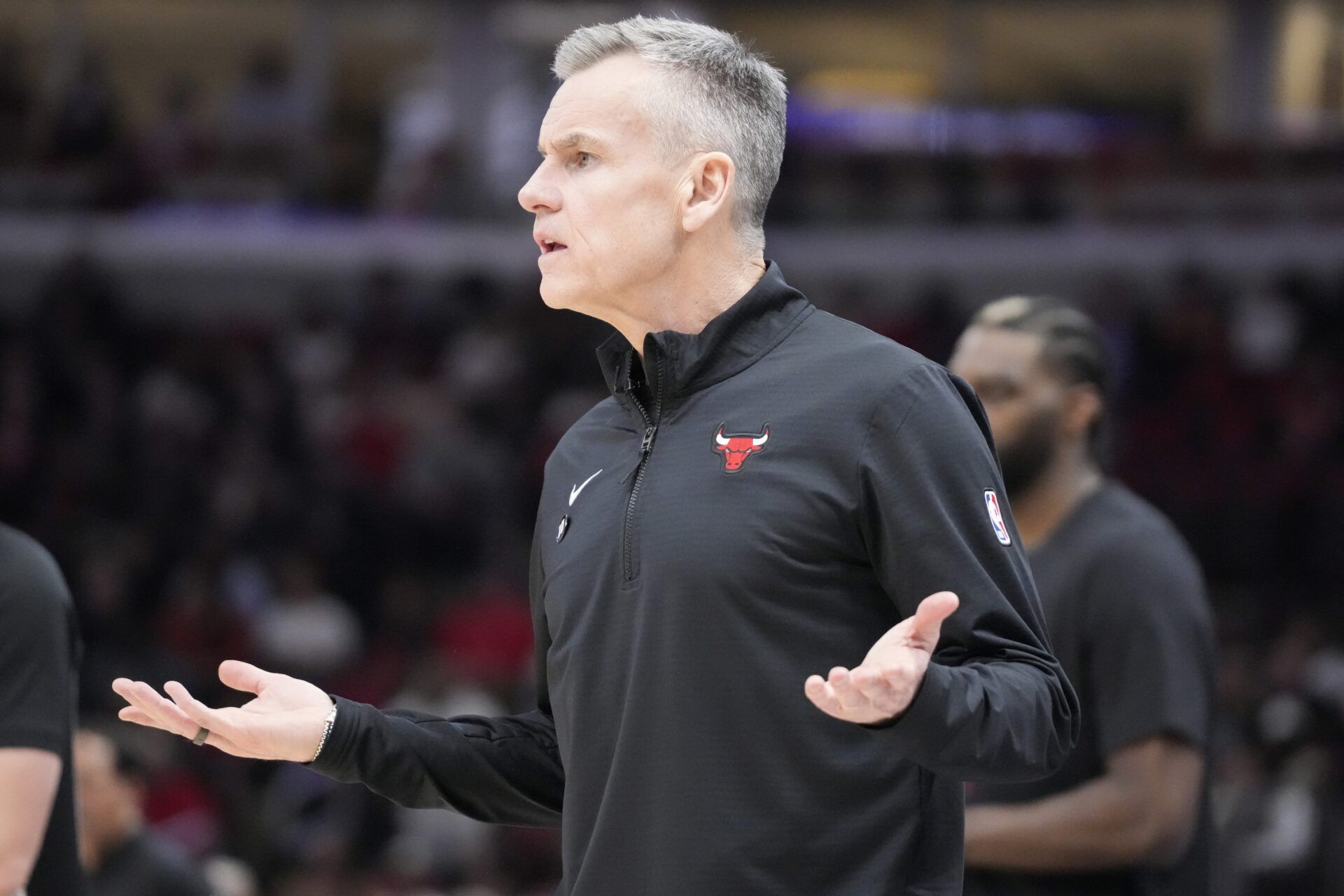 Chicago Bulls head coach Billy Donovan gestures during the first quarter of a game against the Miami Heat at United Center.