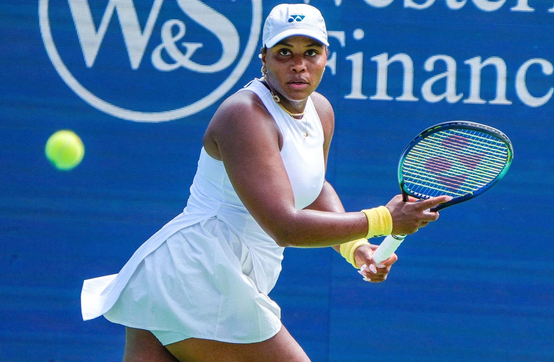 Taylor Townsend watches her shot to Katie Volynets in the women's singles qualifying round 2 during the Cincinnati Open at the Lindner Family Tennis Center in Mason Monday, August 12, 2024. Townsend won 6-0, 6-3. Townsend won her first major title at the 2024 Wimbledon Championships with partner Kateřina Siniaková.