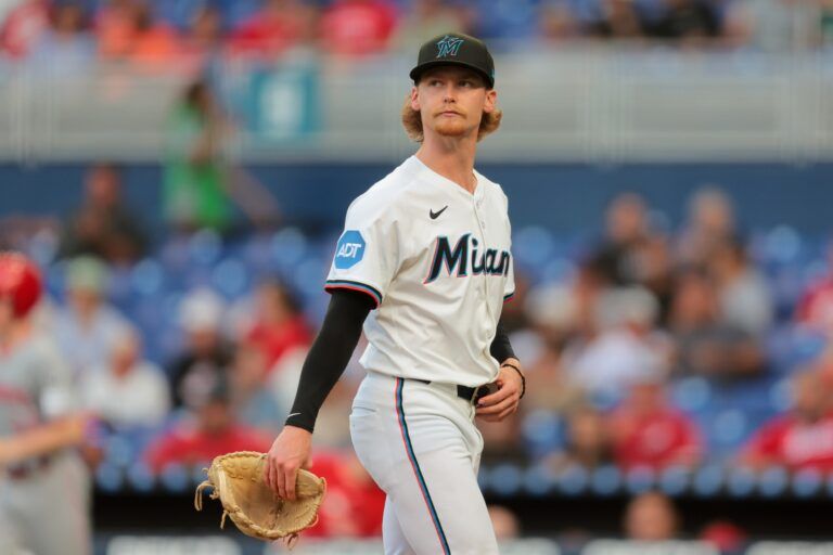 Miami Marlins starting pitcher Max Meyer (23) looks on against the Cincinnati Reds during the first inning at loanDepot Park.