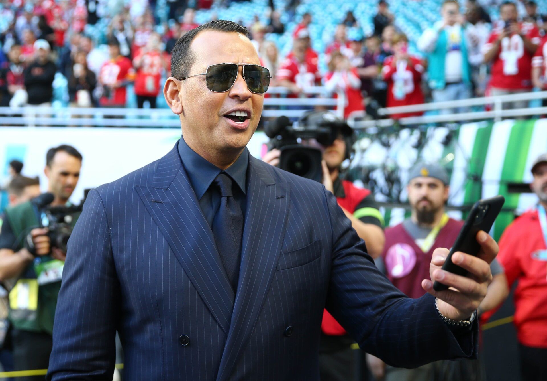 Alex Rodriguez on the sidelines before Super Bowl LIV between the Kansas City Chiefs and San Francisco 49ers at Hard Rock Stadium.
