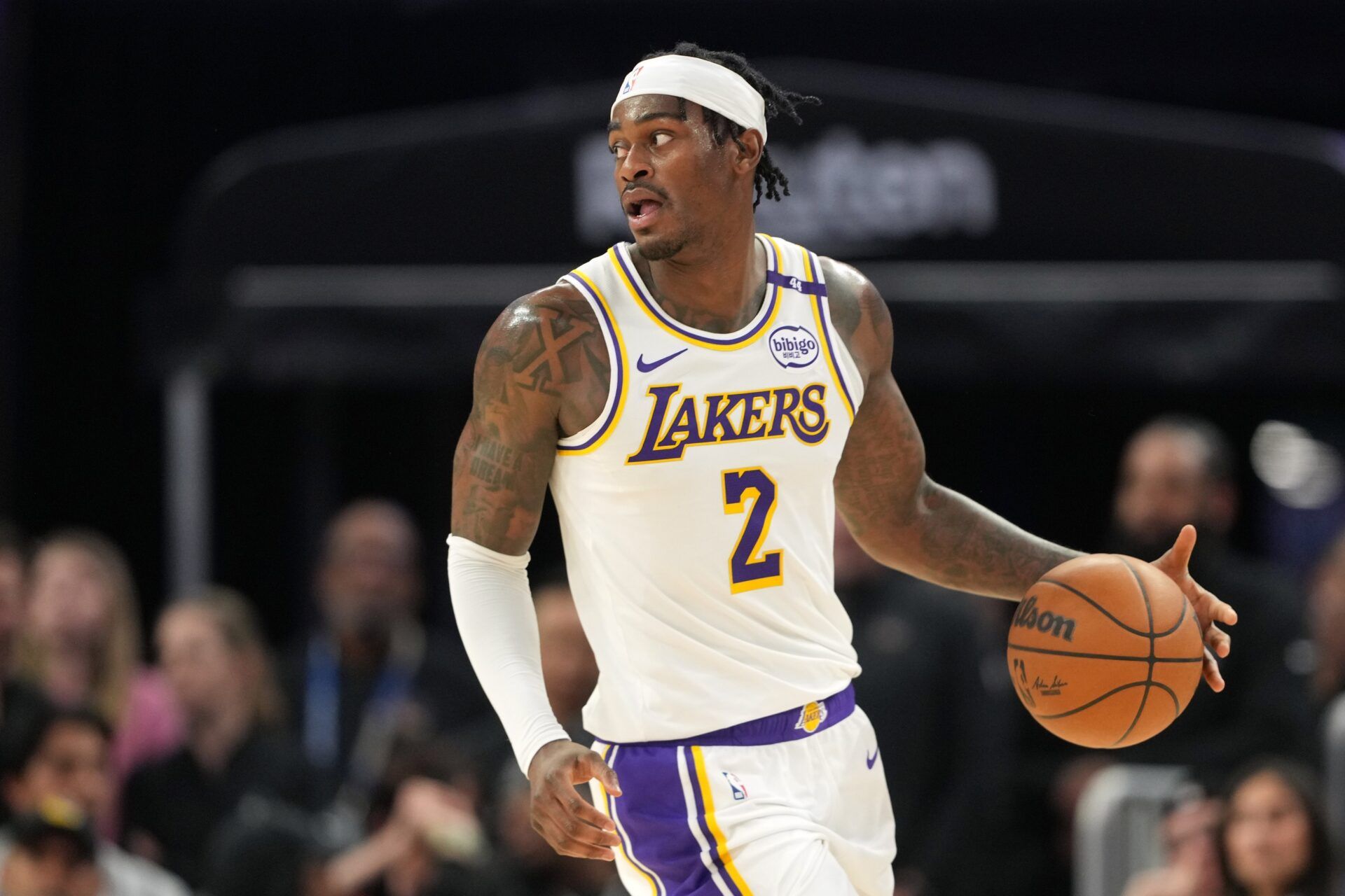 Los Angeles Lakers forward Jarred Vanderbilt (2) dribbles against the Golden State Warriors during the fourth quarter at Chase Center.