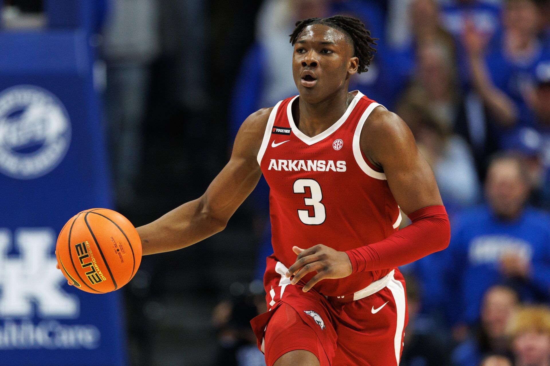 Arkansas Razorbacks forward Adou Thiero (3) brings the ball up court during the first half against the Kentucky Wildcats at Rupp Arena at Central Bank Center.