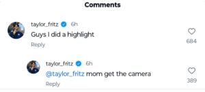 Screengrab of Taylor Fritz's comment on Tennis TV's Instagram post/@tennistv