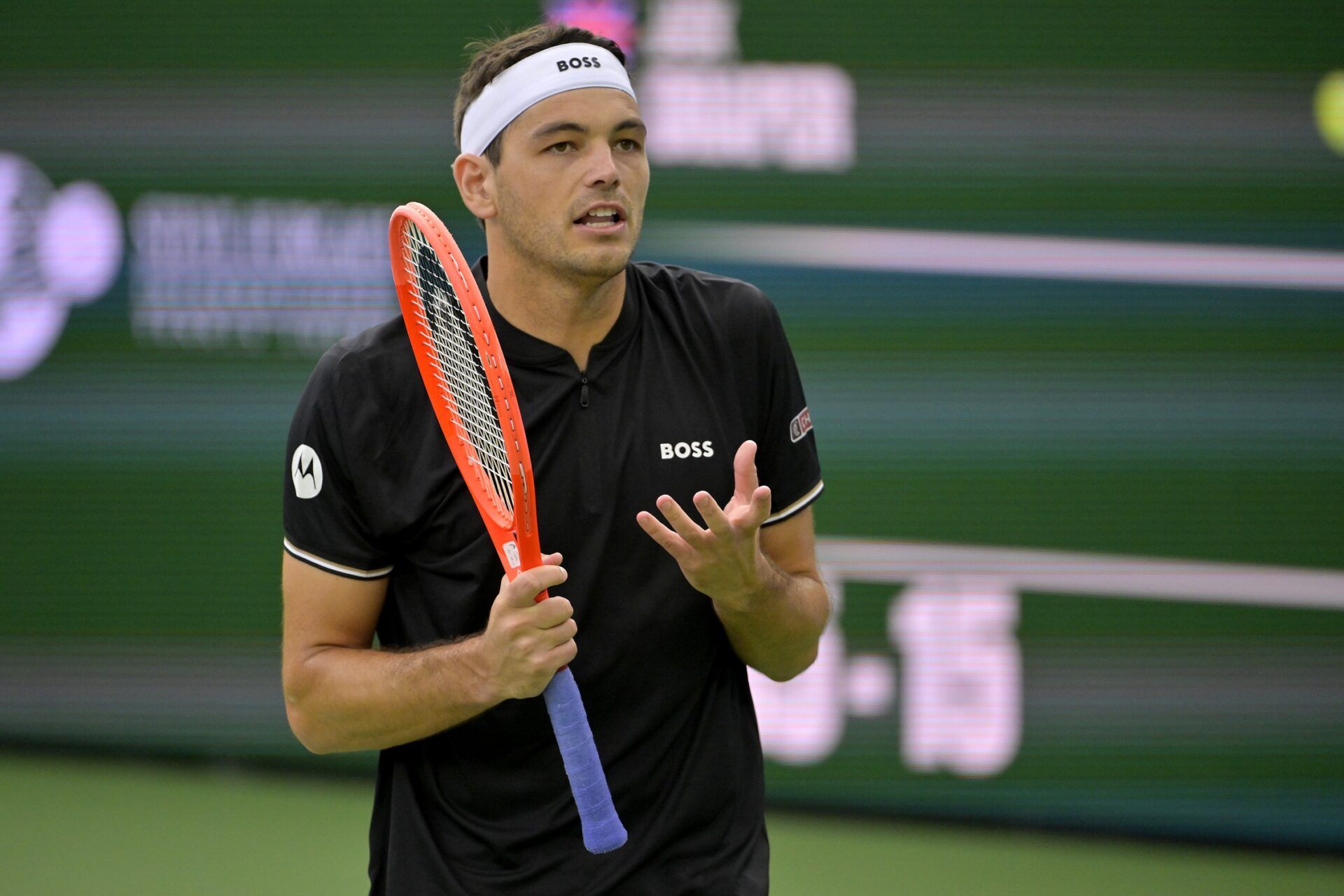 Taylor Fritz (USA) expressed his frustration after missing a shot against Jack Draper (not pictured) in the fourth round of the BNP Paribas Open at the Indian Well Tennis Garden.