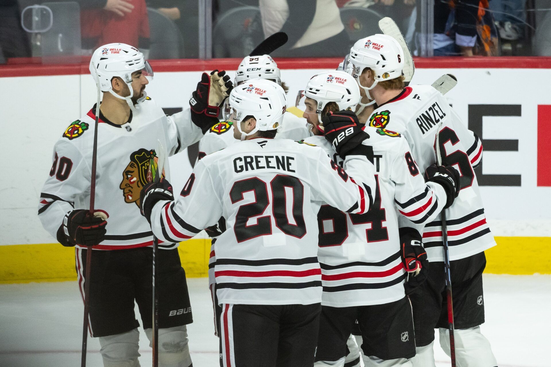 The Chicago Blackhawks celebrate a goal scored by center Frank Nazar (91) in overtime against the Ottawa Senators at the Canadian Tire Centre.