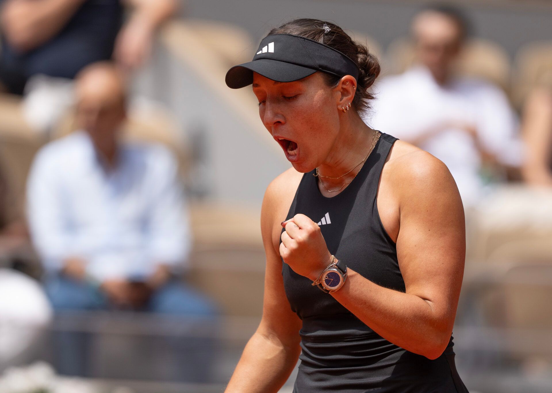 Jessica Pegula of the United States reacts to a point during her match against Lois Boisson of France on day nine at Roland Garros Stadium.