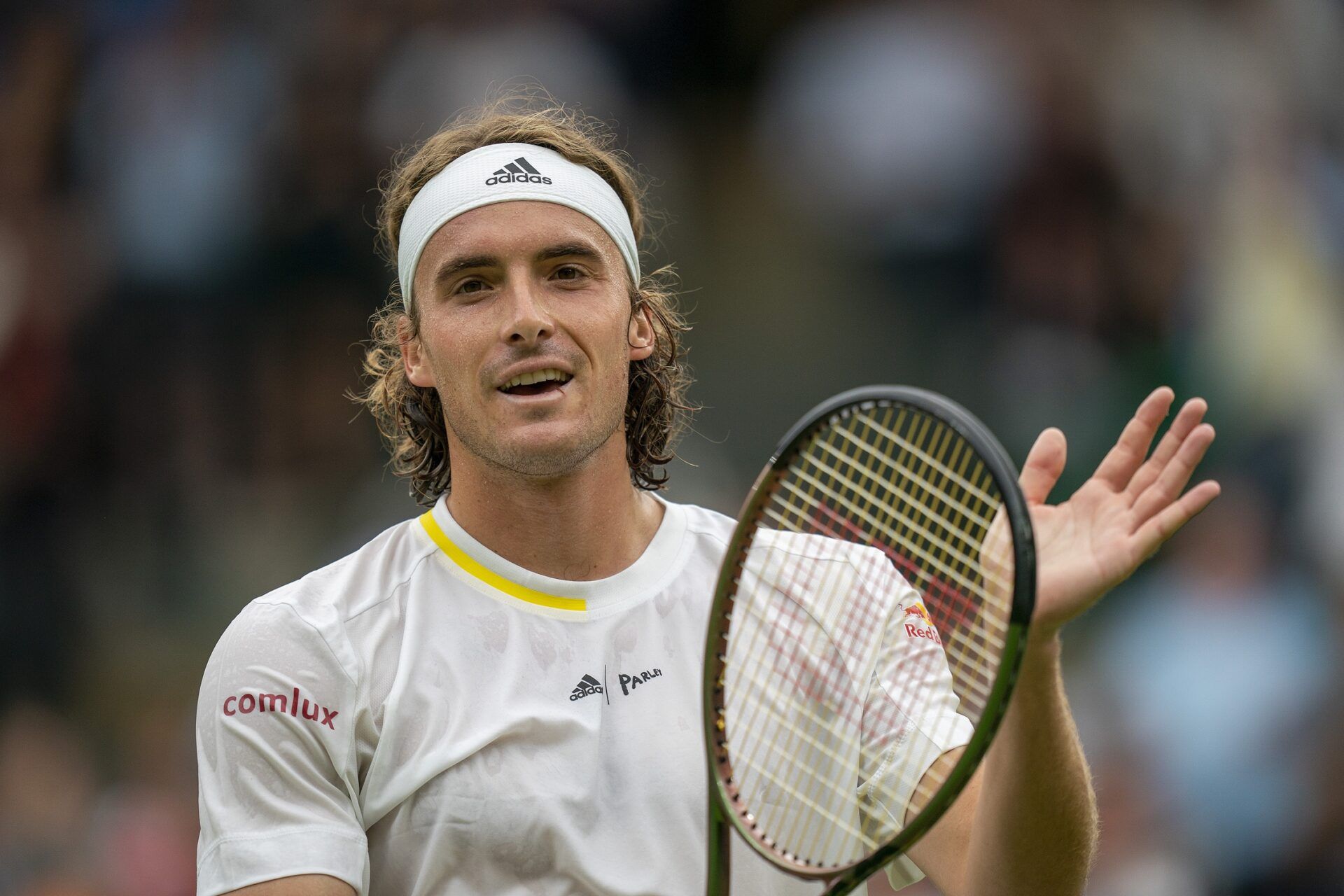 Stefanos Tsitsipas (GRE) celebrates winning his match against Jordan Thompson (AUS) on day four at All England Lawn Tennis and Croquet Club.