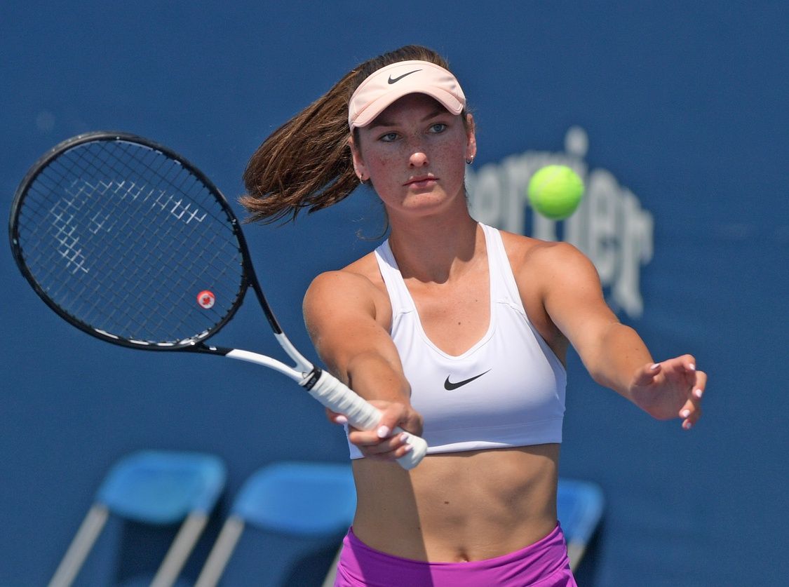 Carson Branstine (Canada)hits a shot during practice before the start of the Rogers Cup at the Aviva Centre.
