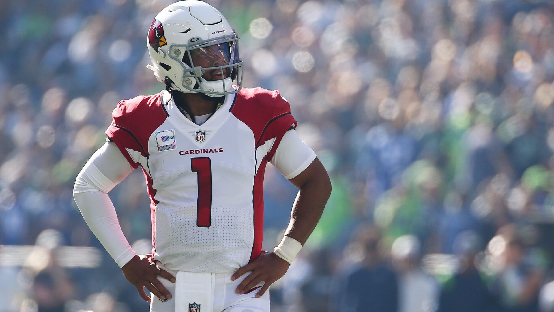 SEATTLE, WASHINGTON - OCTOBER 16: Kyler Murray #1 of the Arizona Cardinals reacts against the Seattle Seahawks during the first quarter at Lumen Field on October 16, 2022 in Seattle, Washington. (Photo by Lindsey Wasson/Getty Images)