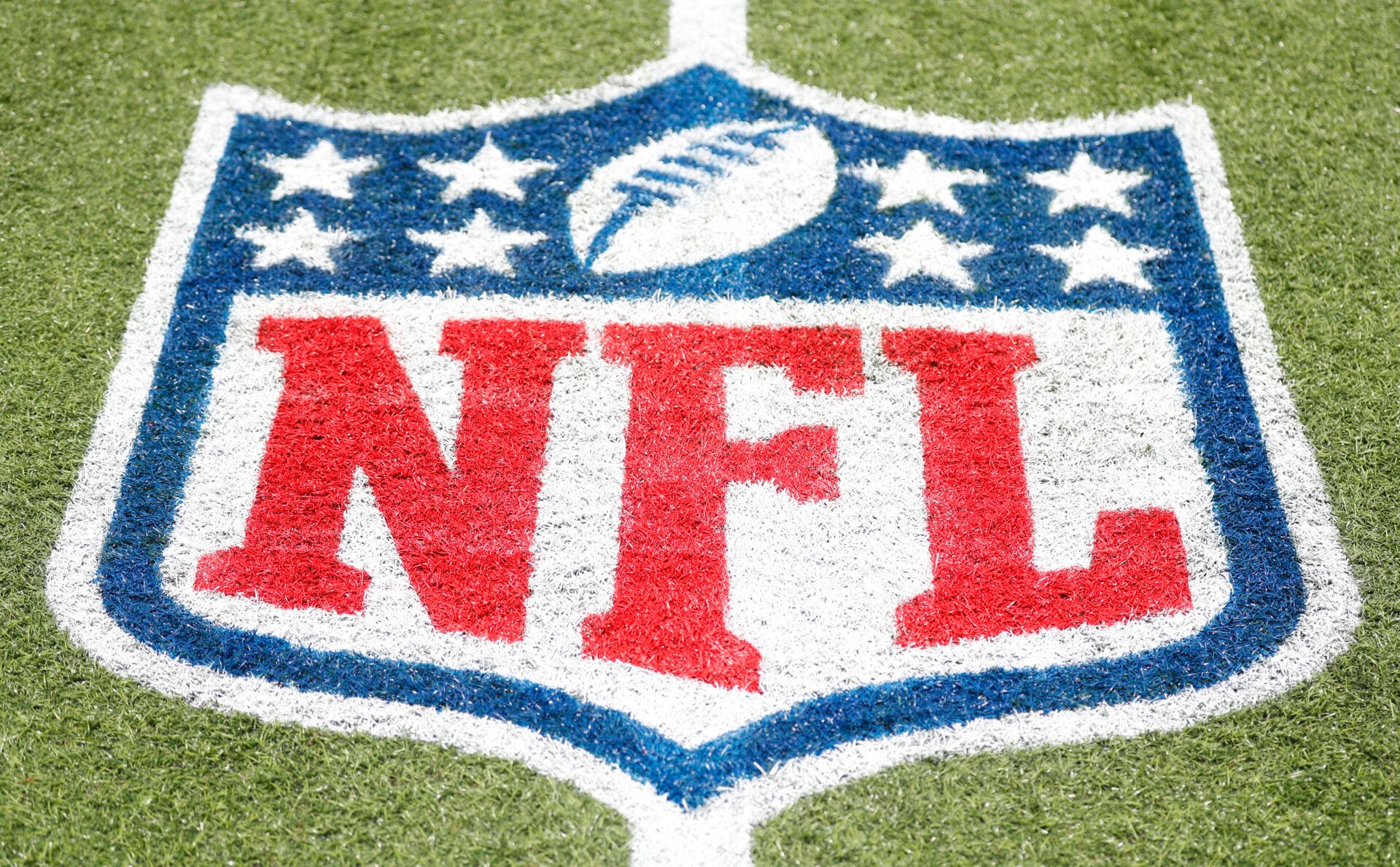 General view of the NFL shield logo on the field at the Tom Benson Hall of Fame Stadium site of the Professional Football Hall of Fame game and induction ceremonies.