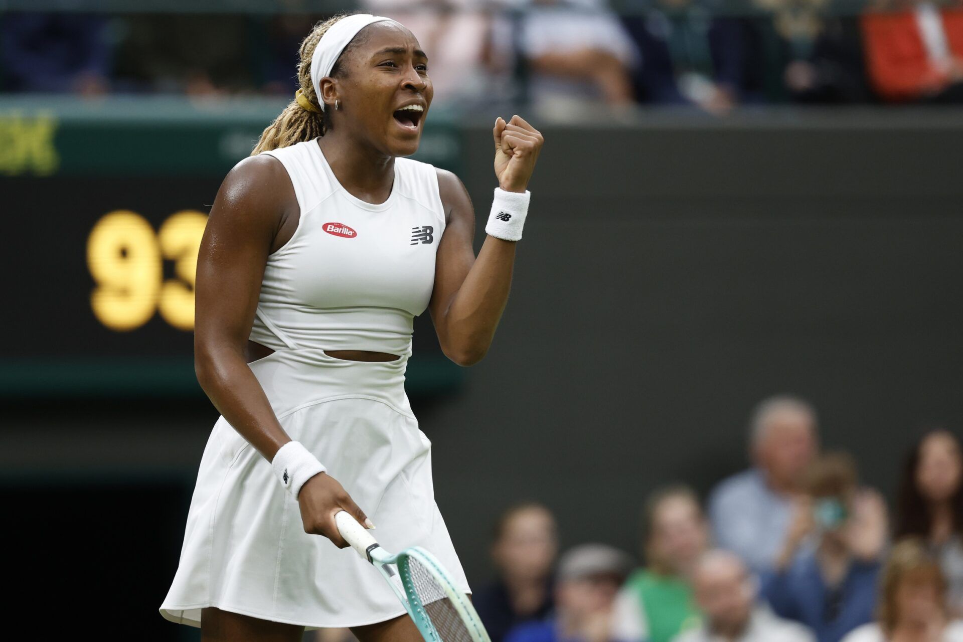 Coco Gauff (USA) celebrates after match point against Sonay Kartal (GBR)(not pictured) in a ladies' singles match on day five of The Championships Wimbledon 2024 at All England Lawn Tennis and Croquet Club.
