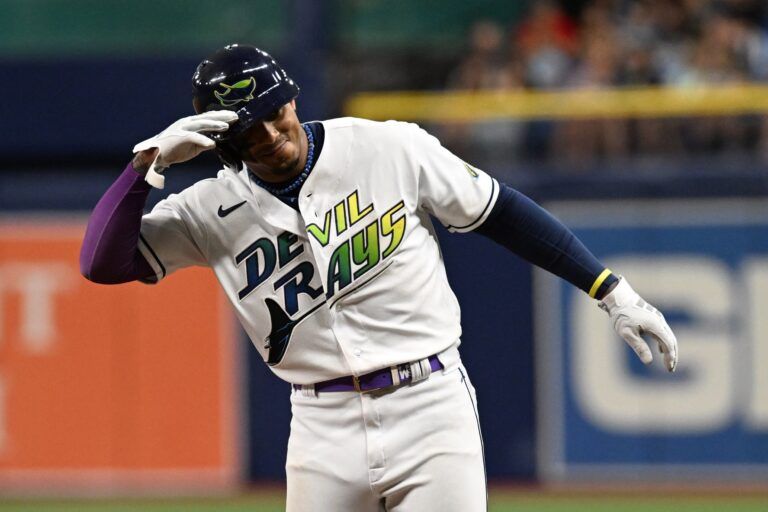 Tampa Bay Rays shortstop Wander Franco (5) celebrates after hitting a two run single in the third inning  against the Cleveland Guardians at Tropicana Field.