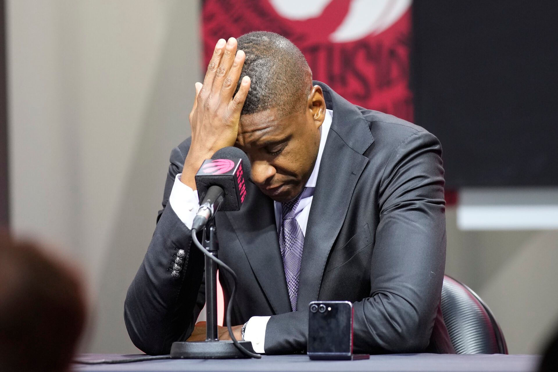 Toronto Raptors Vice-Chairman and Team President Masai Ujiri reacts while talking to the media about the passing of Dikembe Mutombo (not pictured) during media day at Scotiabank Area.