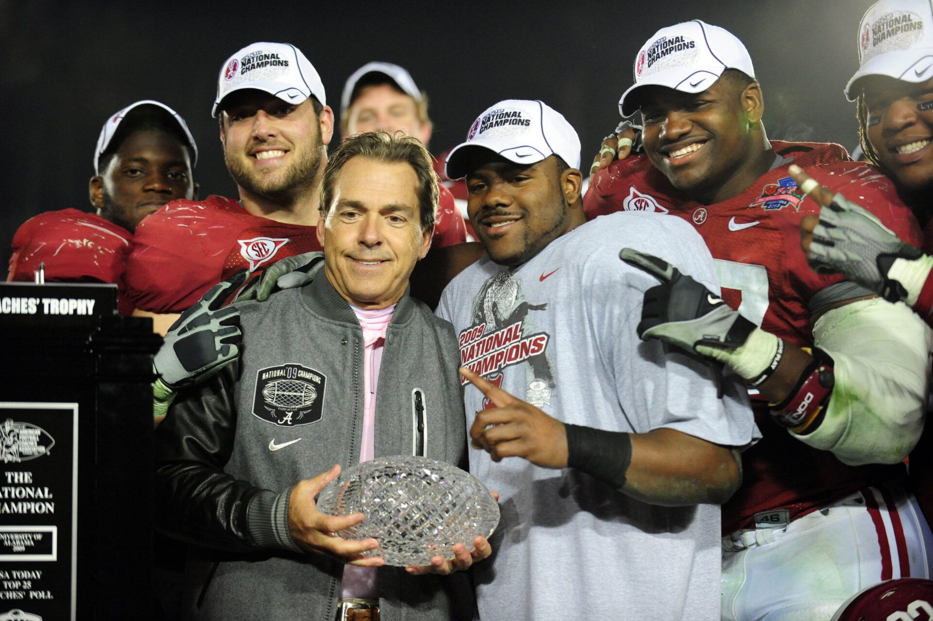 Alabama Crimson Tide head coach Nick Saban holds the Coaches Trophy as he celebrates defeating the Texas Longhorns 37-21 in the 2010 BCS national championship game at the Rose Bowl.