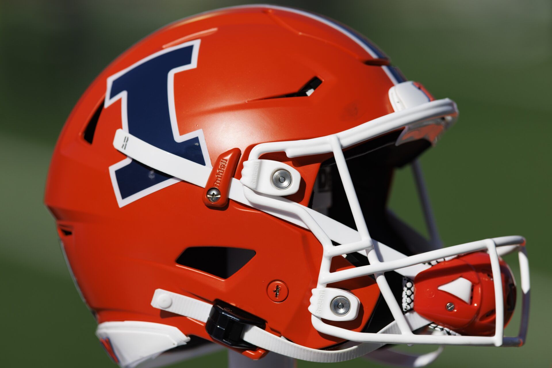 Illinois Fighting Illini helmet during warmups prior to the game against the Wisconsin Badgers at Camp Randall Stadium.
