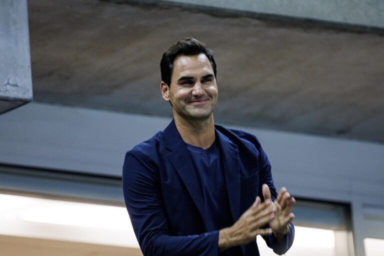 Roger Federer watches Aryna Sabalenka of Russia playing Qinwen Zheng of China on day nine of the U.S. Open tennis tournament at the USTA Billie Jean King National Tennis Center.