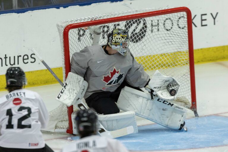 Canada's goaltender Joshua Ravensbergen (1) makes a glove save against Finland during the first period of the 2024 World Junior Summer Showcase at USA Hockey Arena.
