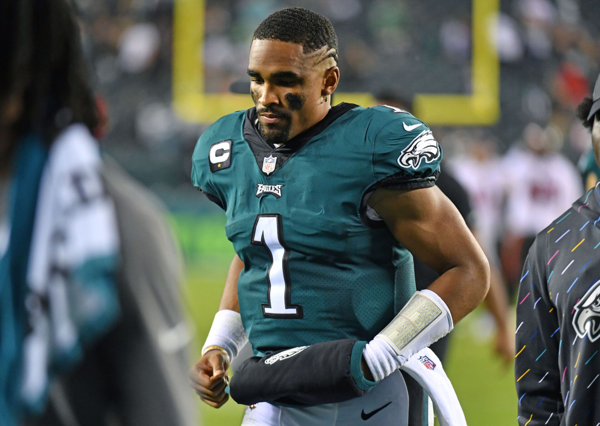 Philadelphia Eagles quarterback Jalen Hurts (1) walks off the field after loss to Tampa Bay Buccaneers at Lincoln Financial Field.