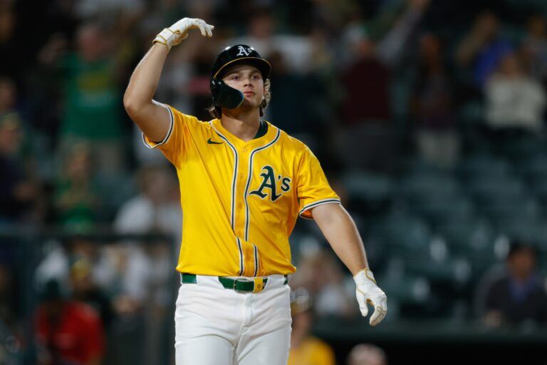 Athletics first baseman Nick Kurtz (16) hits a walk-off two run home run during the tenth inning against the Houston Astros at Sutter Health Park.