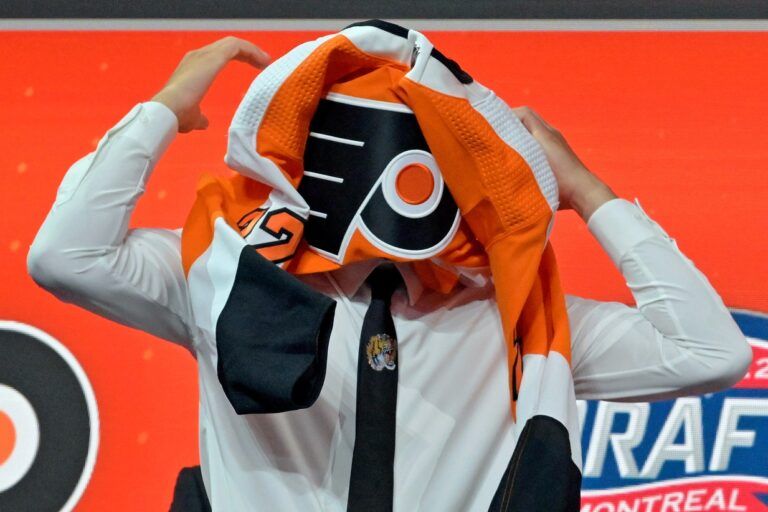 Cutter Gauthier after being selected as the number five overall pick to the Philadelphia Flyers in the first round of the 2022 NHL Draft at Bell Centre.