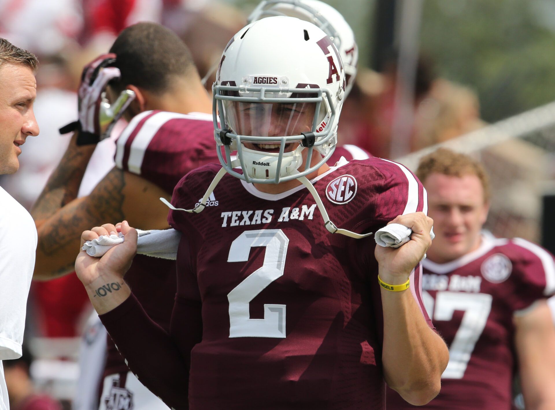 Texas A&M Aggies  quarterback Johnny Manziel (2) holds a towel prior to the game against the Alabama Crimson Tide at Kyle Field.