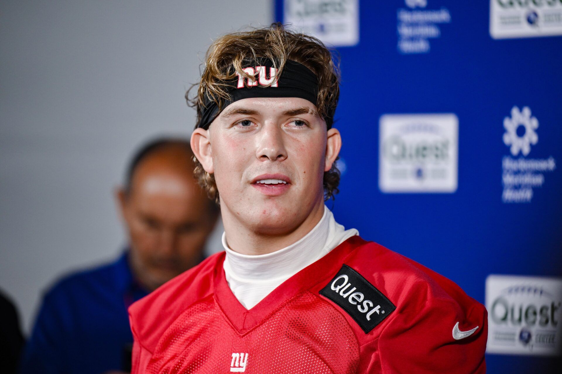 New York Giants quarterback Jaxson Dart (6) speaks at a press conference during minicamp at Quest Diagnostics Training Center.