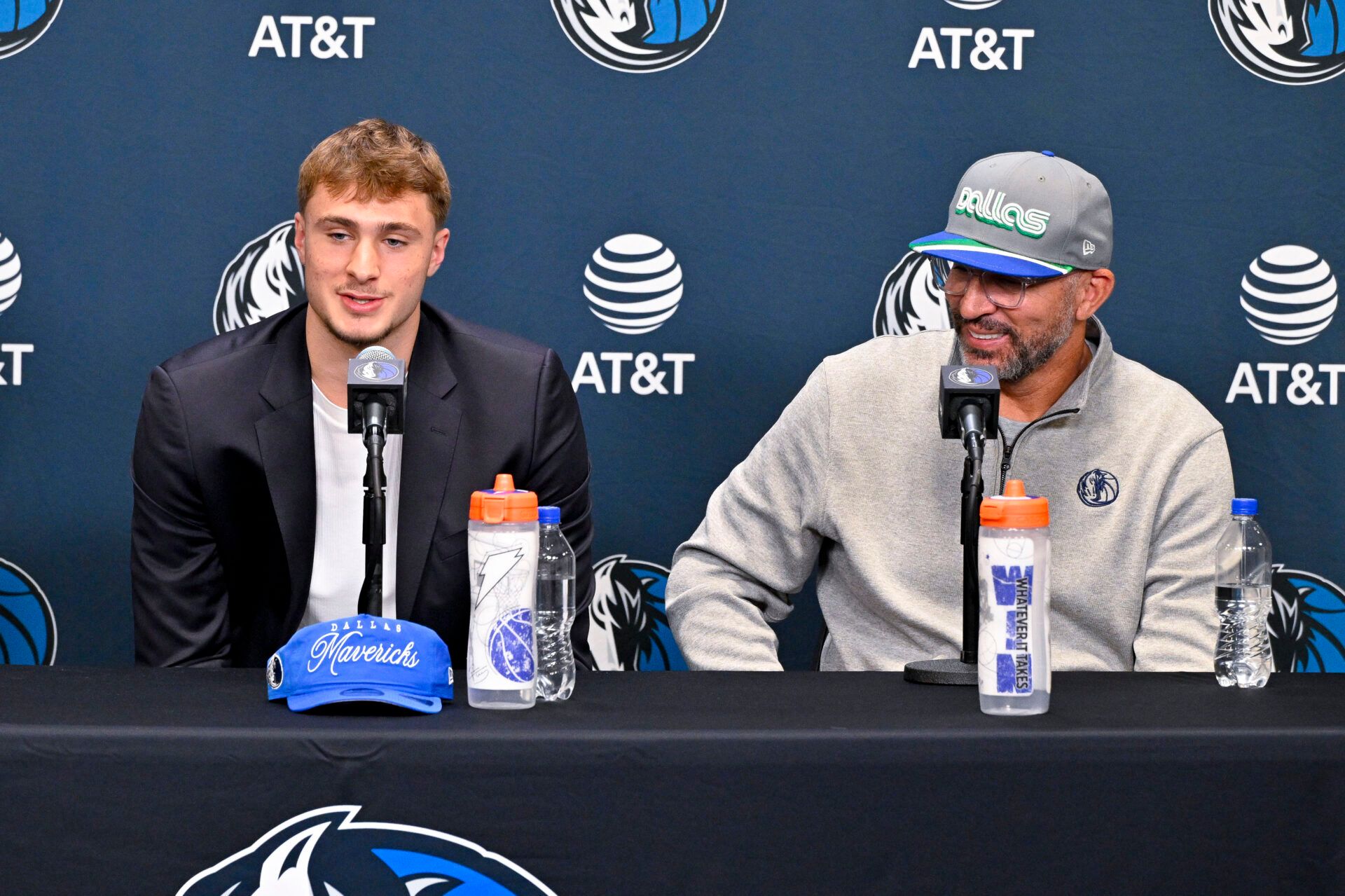 Dallas Mavericks first overall pick Cooper Flagg (left) looks on with head coach Jason Kidd (right) at a press conference at the Dallas Mavericks Practice Facility.
