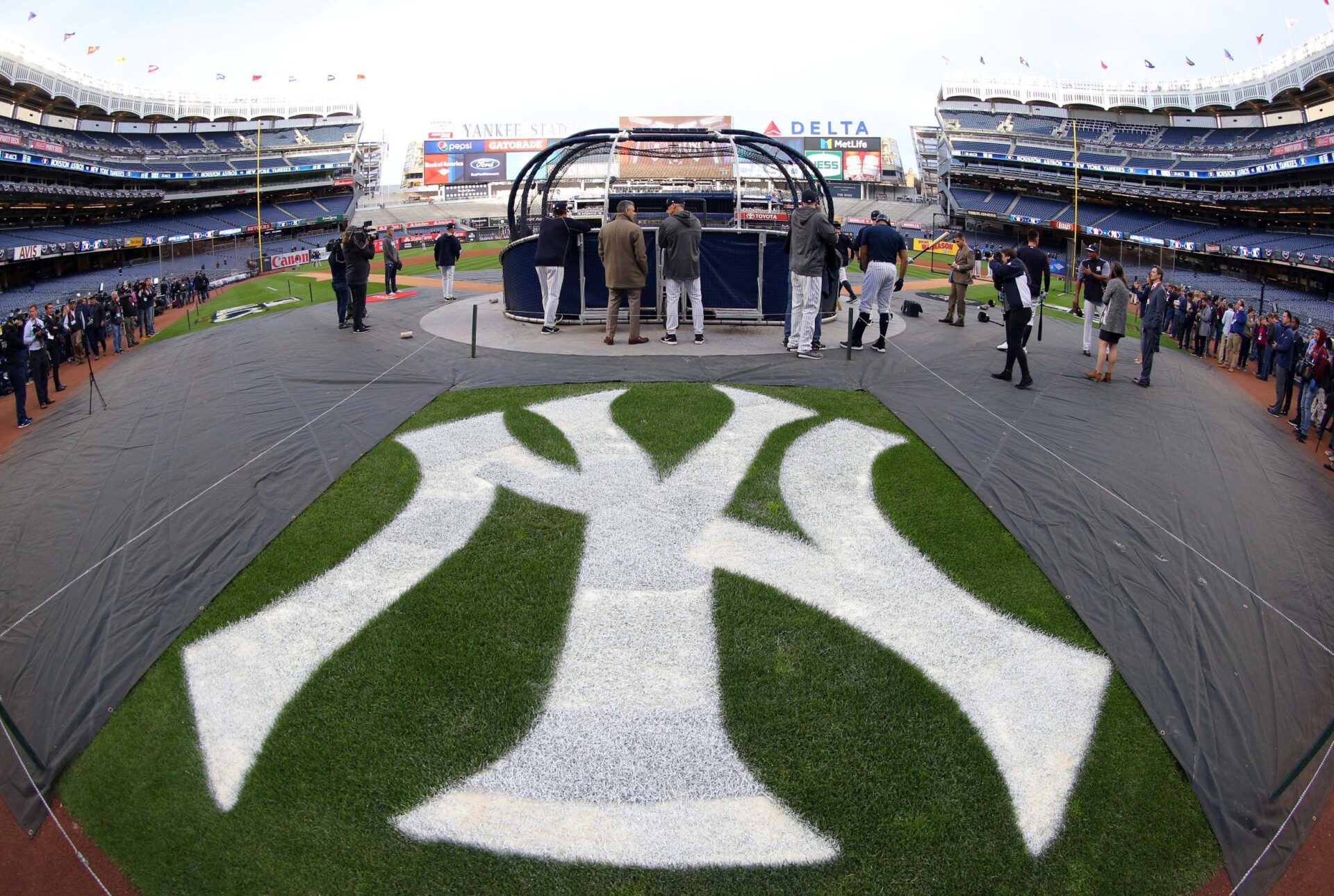 An view of the a field logo before game three of the 2017 ALCS playoff baseball series between the New York Yankees and the Houston Astros at Yankee Stadium.