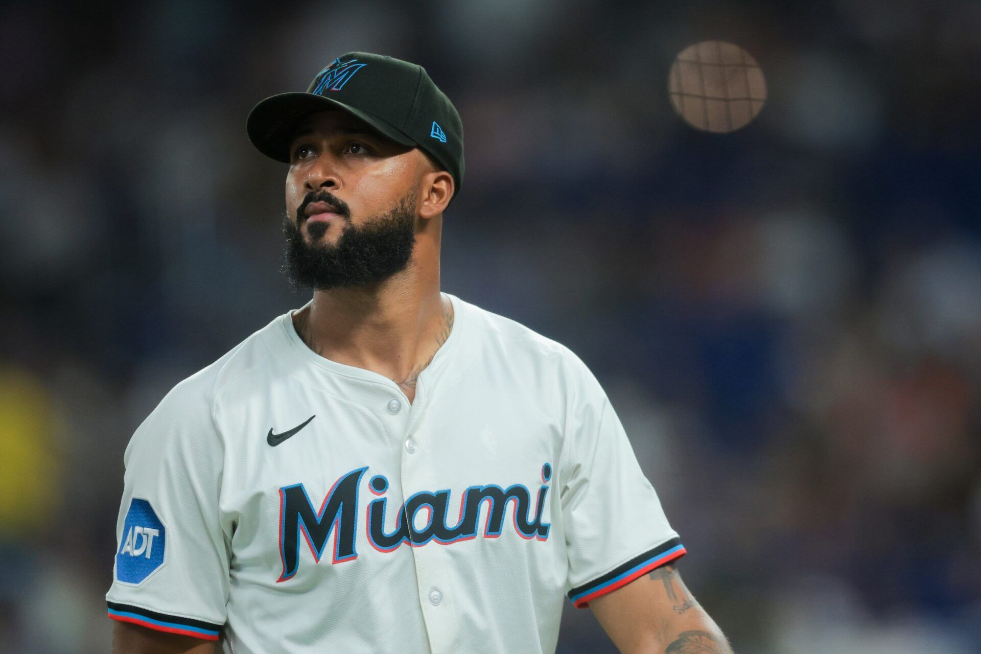 Miami Marlins starting pitcher Sandy Alcantara (22) looks on against the Los Angeles Dodgers during the first inning at loanDepot Park.