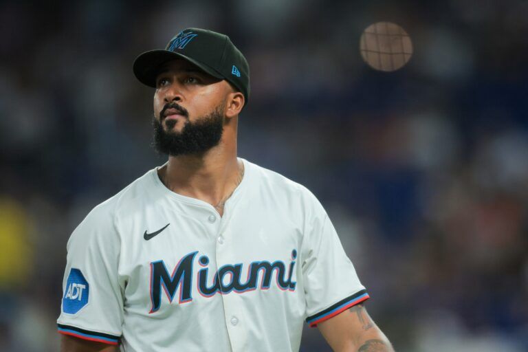Miami Marlins starting pitcher Sandy Alcantara (22) looks on against the Los Angeles Dodgers during the first inning at loanDepot Park.