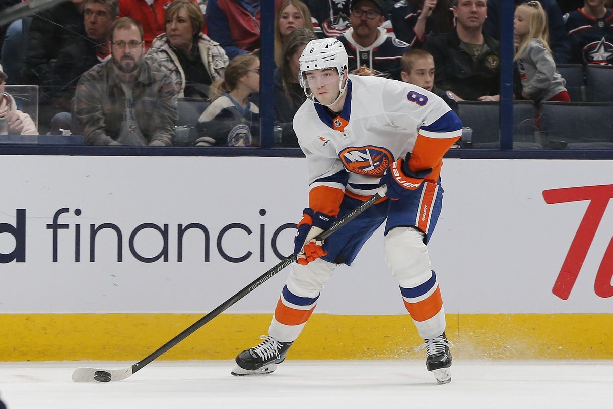 New York Islanders defenseman Noah Dobson (8) looks to shoot against the New York Islanders during the first period at Nationwide Arena.