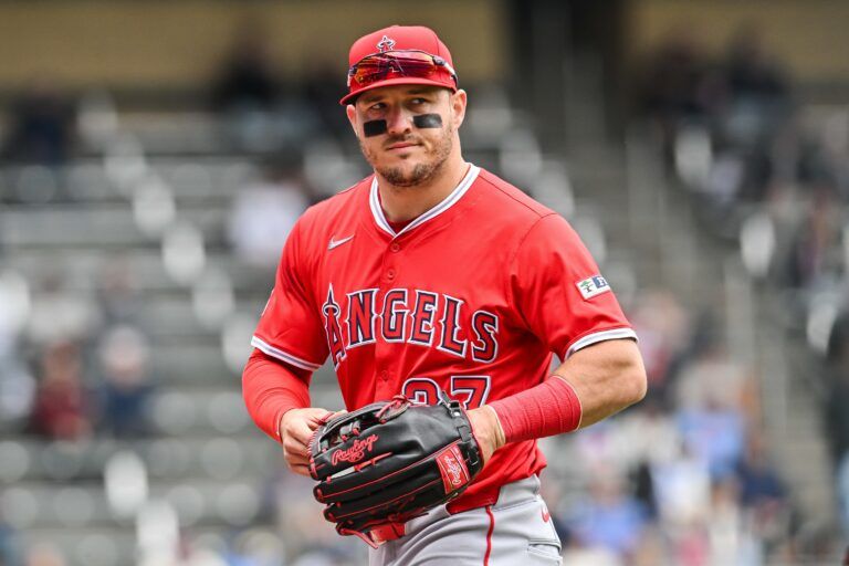 Los Angeles Angels outfielder Mike Trout (27) looks on during the game against the Minnesota Twins at Target Field.