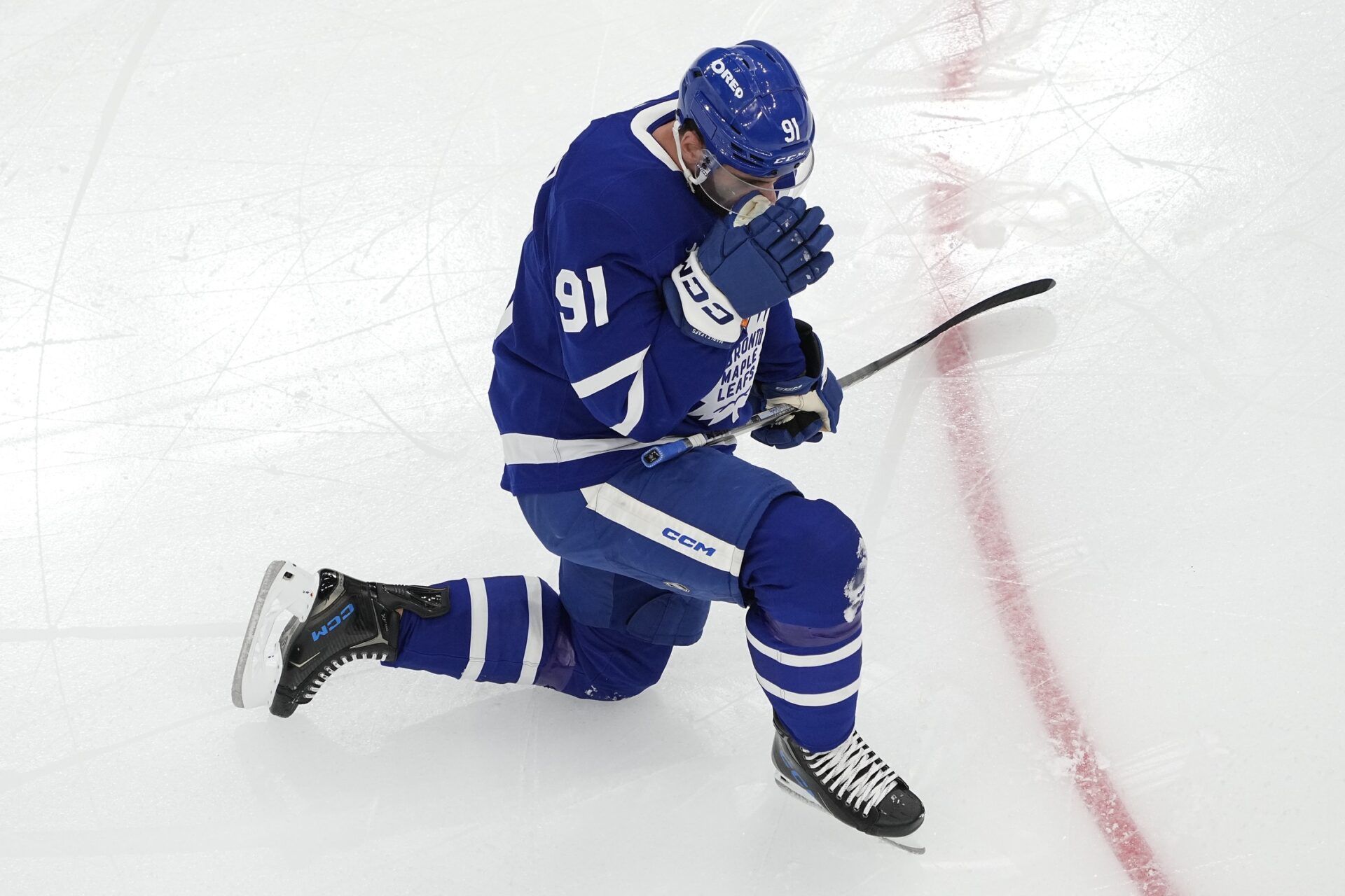 Toronto Maple Leafs forward John Tavares (91) during warm up before game seven of the second round of the 2025 Stanley Cup Playoffs against the Florida Panthers at Scotiabank Arena.