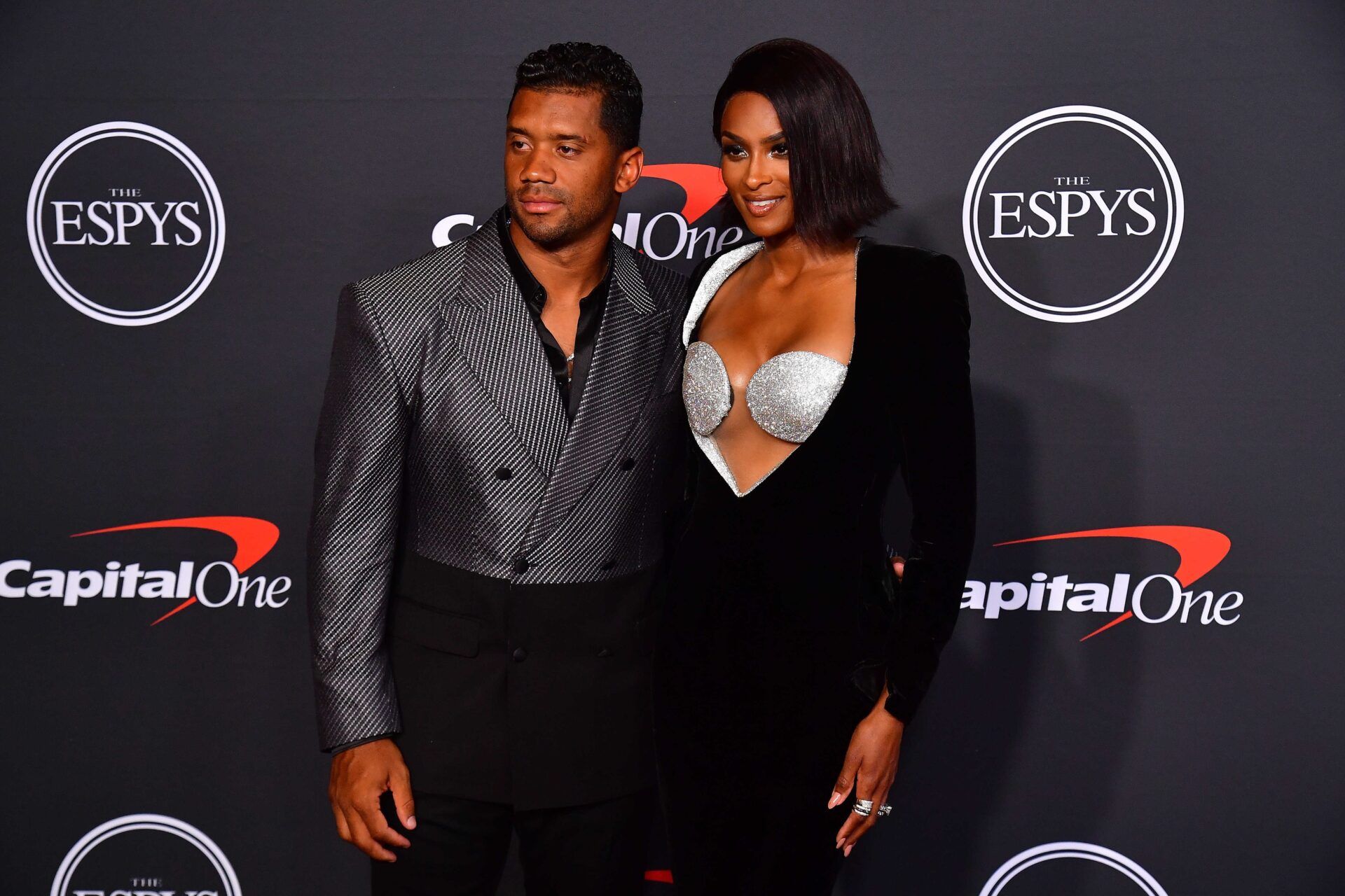 Denver Broncos quarterback Russell Wilson and recording artist Ciara arrive at the Red Carpet for the 2022 ESPY at Dolby Theater.