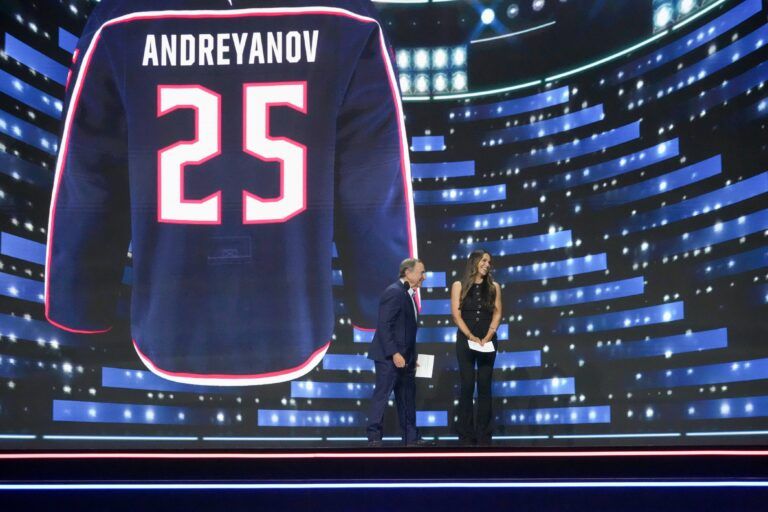 NHL Commissioner Gary Bettman and Meredith Gaudreau announce Pyotr Andreyanov as the 20th overall pick by the Columbus Blue Jackets in the first round of the 2025 NHL Draft at Peacock Theater.