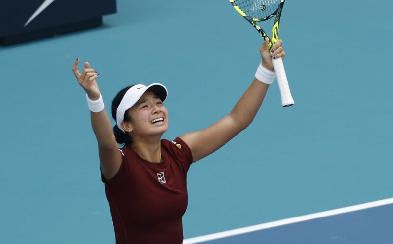 Alexandra Eala (PHL) celebrates after her match against Iga Swiatek (POL)(not pictured) on day nine of the Miami Open at Hard Rock Stadium.