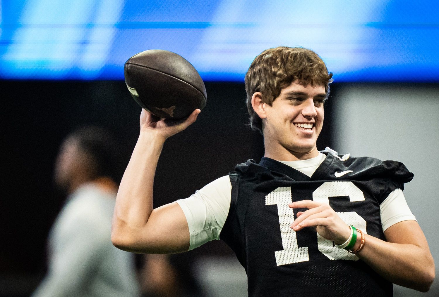 Texas Longhorns quarterback Arch Manning (16) throws the ball during practice at Mercedes-Benz Stadium in Atlanta, Georgia on Dec. 30, 2024 ahead of the College Football Playoff Quarterfinals. The Longhorns will play the Arizona State Sun Devils in the Peach Bowl on New Years Day.