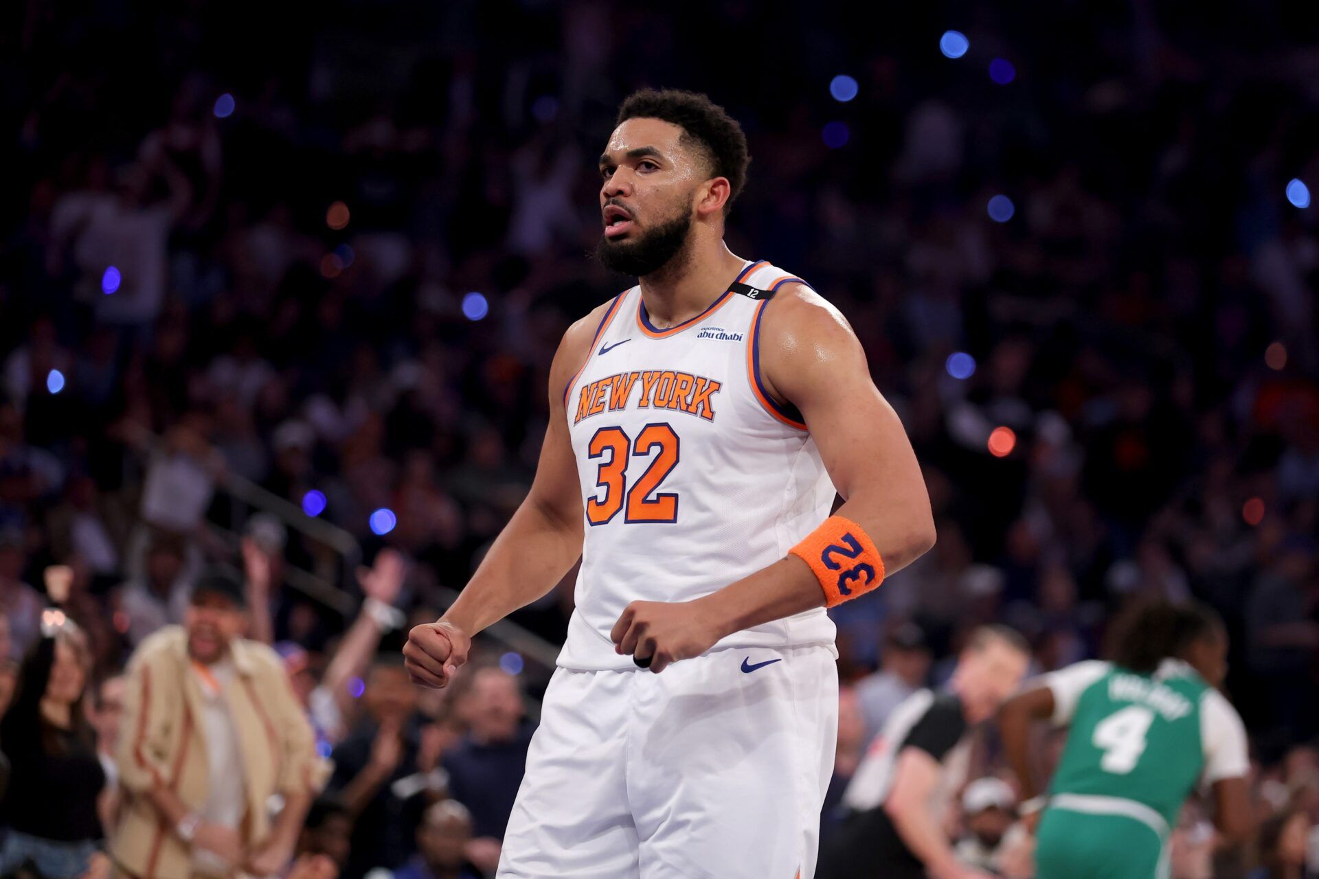 New York Knicks center Karl-Anthony Towns (32) reacts during the first quarter of game six in the second round of the 2025 NBA Playoffs against the Boston Celtics at Madison Square Garden.