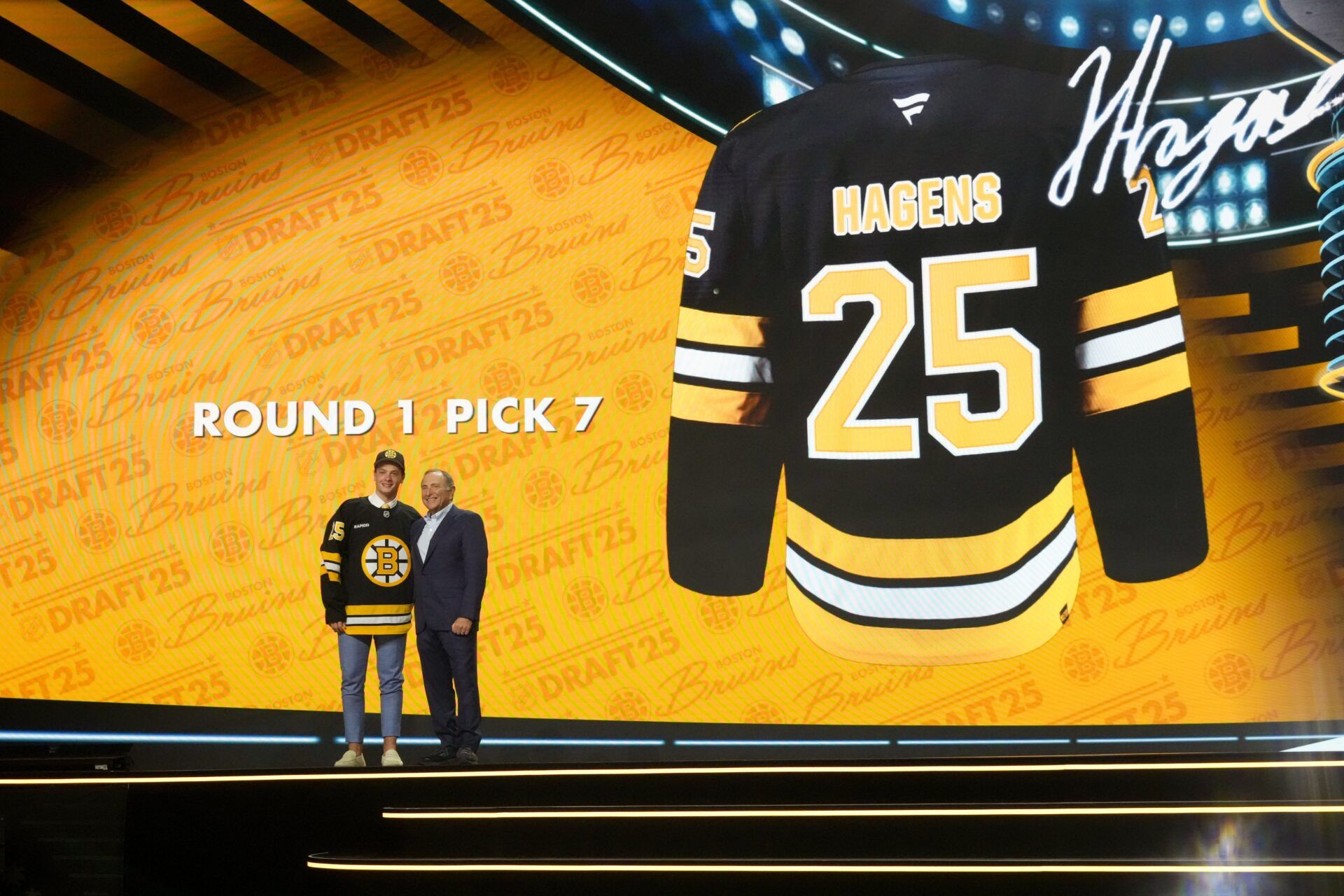 James Hagens is selected as the seventh overall pick to the Boston Bruins in the first round of the 2025 NHL Draft at Peacock Theater.