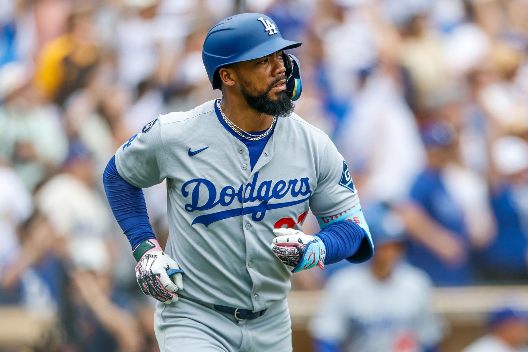Los Angeles Dodgers right fielder Teoscar Hernandez (37) hits a three run home run during the sixth inning against the San Diego Padres at Petco Park.