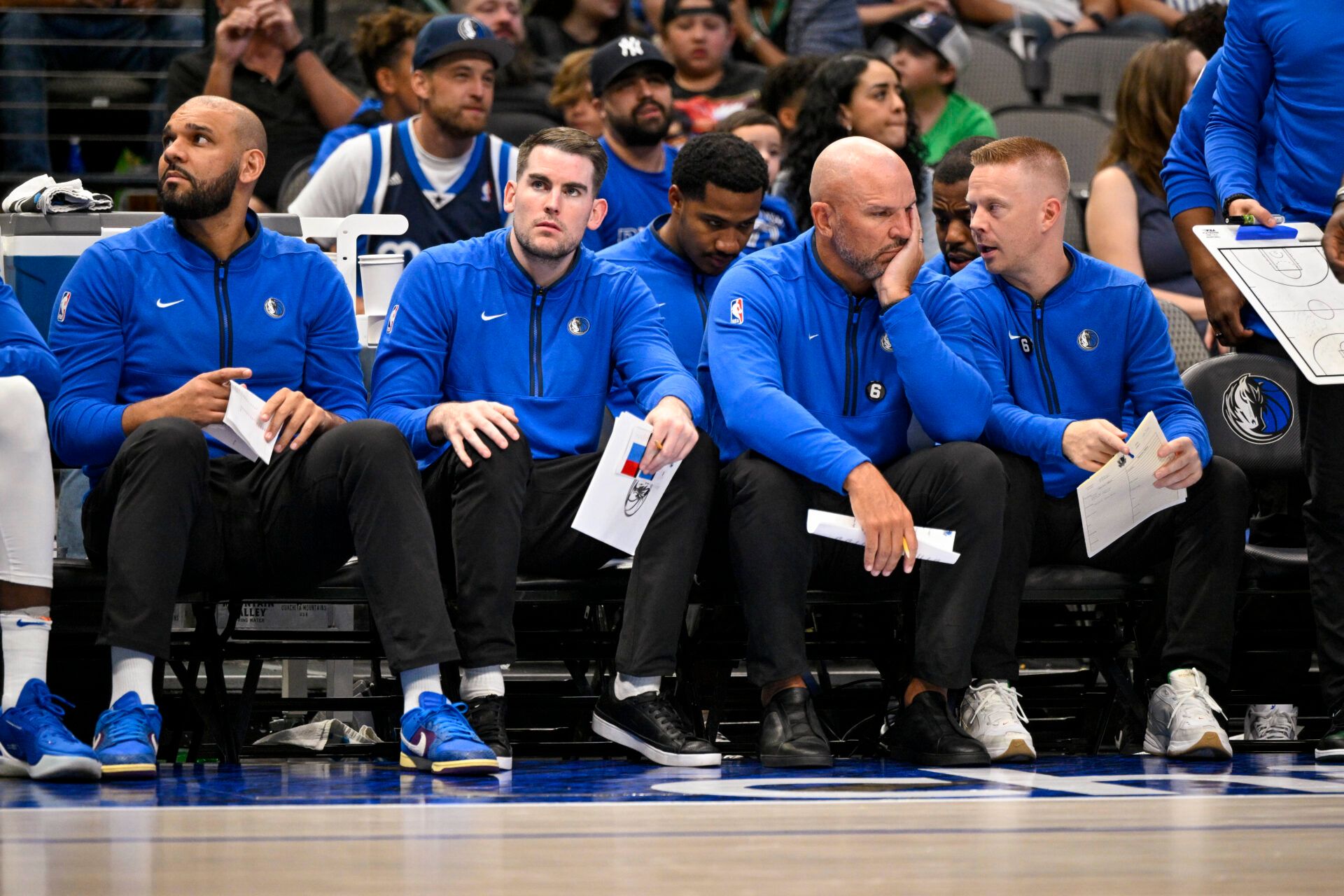 (from left) Dallas Mavericks assistant coach Jared Dudley and assistant coach Greg St. Jean and head coach Jason Kidd and assistant coach Sean Sweeney during the game between the Dallas Mavericks and the Orlando Magic at the American Airlines Center.