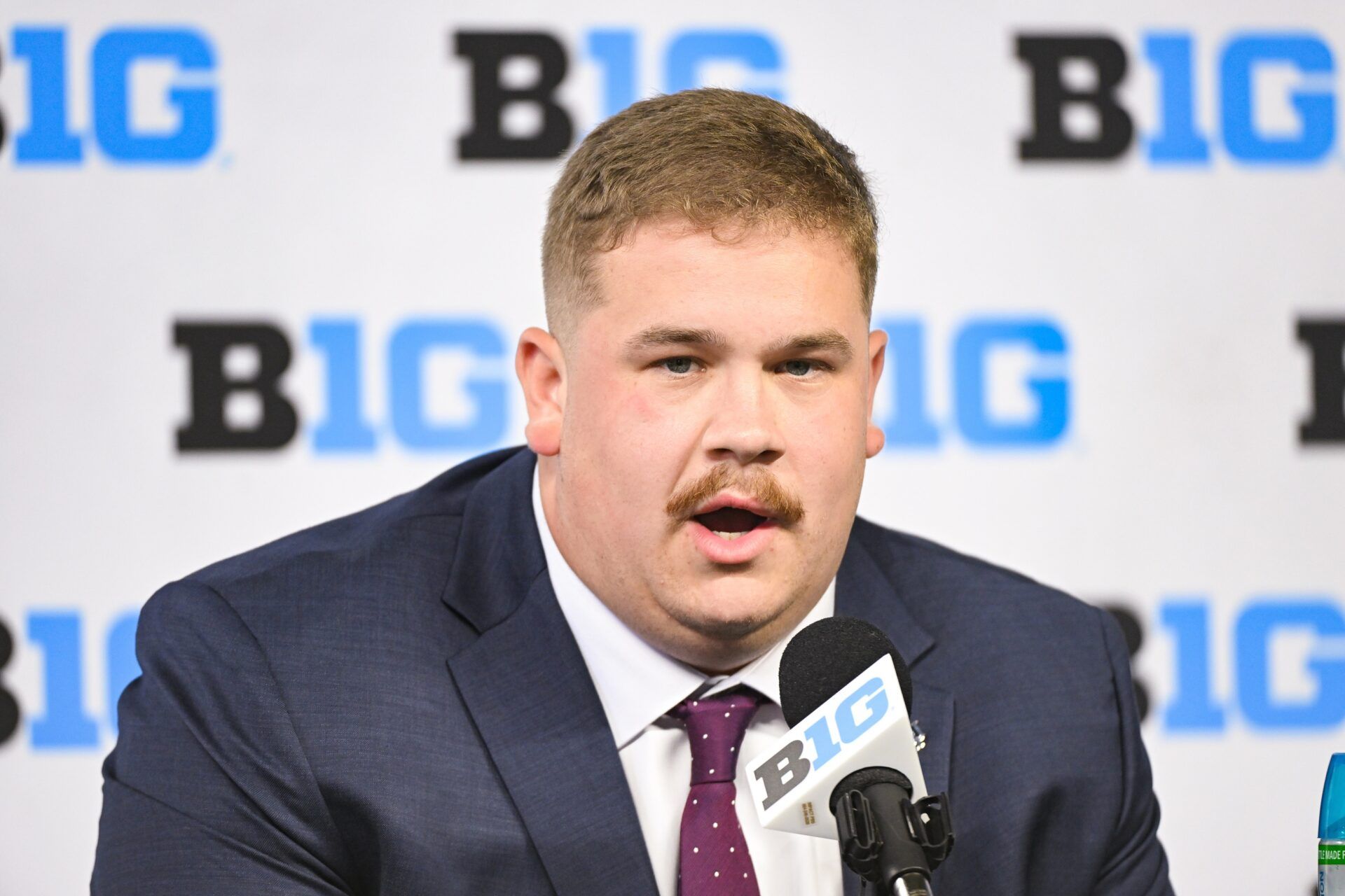 Indiana Hoosiers offensive lineman Mike Katic speaks to the media during the Big 10 football media day at Lucas Oil Stadium.