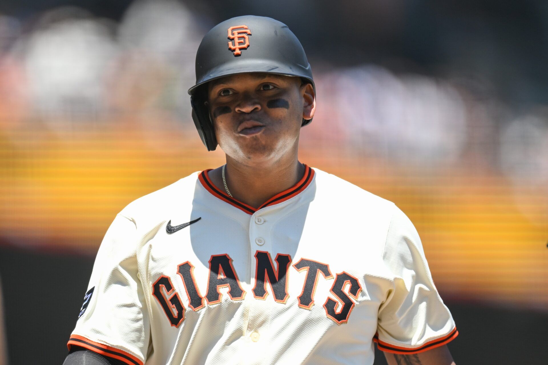 San Francisco Giants designated hitter Rafael Devers (16) reacts after hitting a two-run home run against the Miami Marlins in the third inning at Oracle Park.