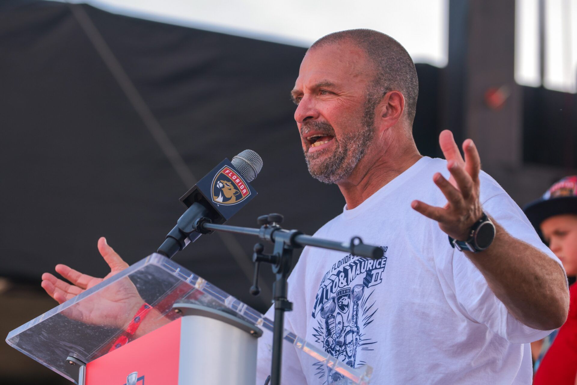 Florida Panthers general manager Bill Zito speaks during the Stanley Cup championship parade and rally.
