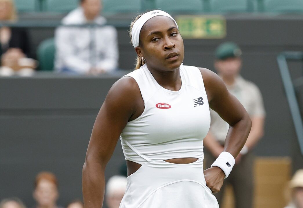 Coco Gauff (USA) reacts after missing a shot against Anca Todoni (ROU)(not pictured) in a ladies'' singles match on day three of The Championships Wimbledon 2024 at All England Lawn Tennis and Croquet Club.