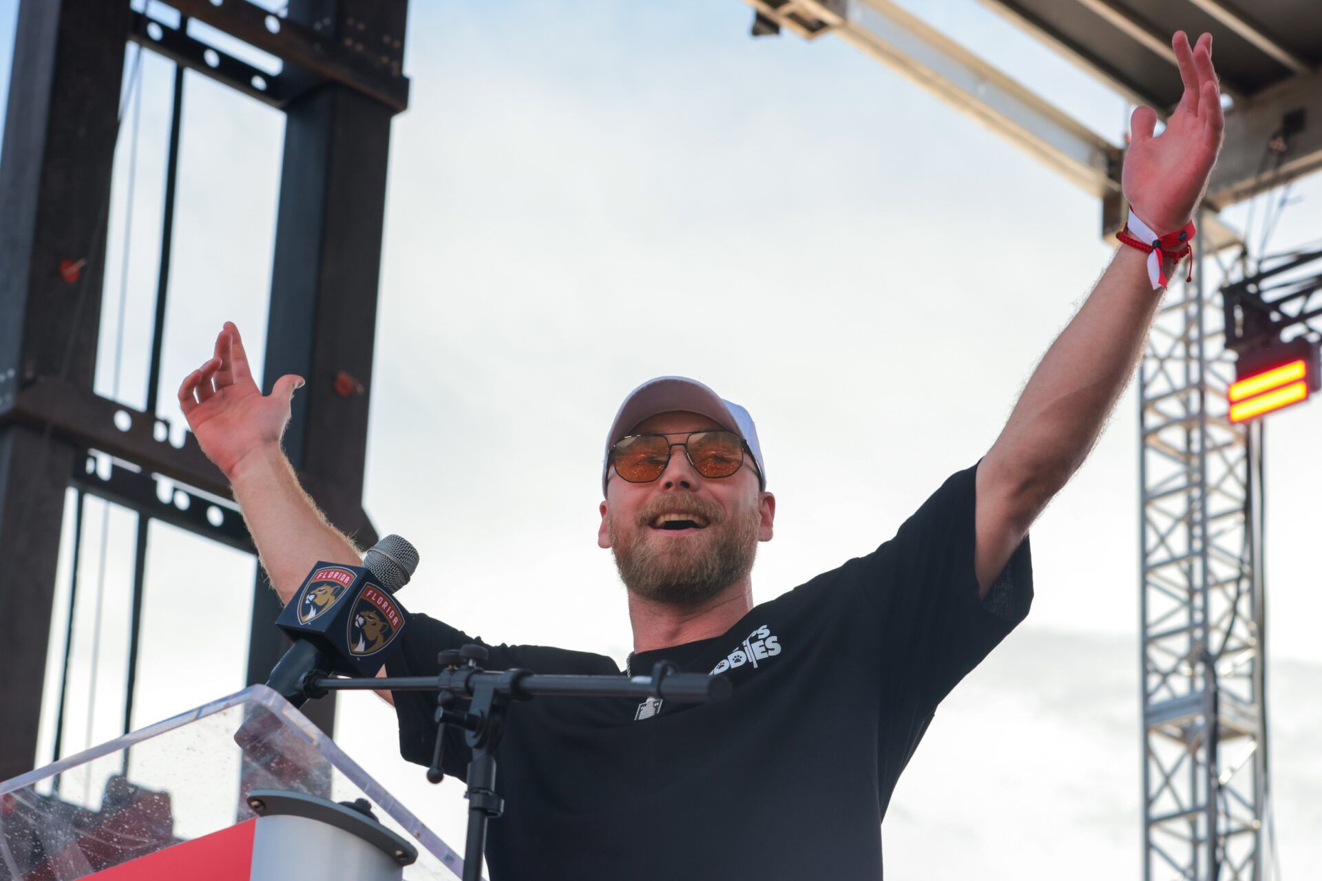 Florida Panthers center Sam Bennett (9) reacts during the Stanley Cup championship parade and rally.