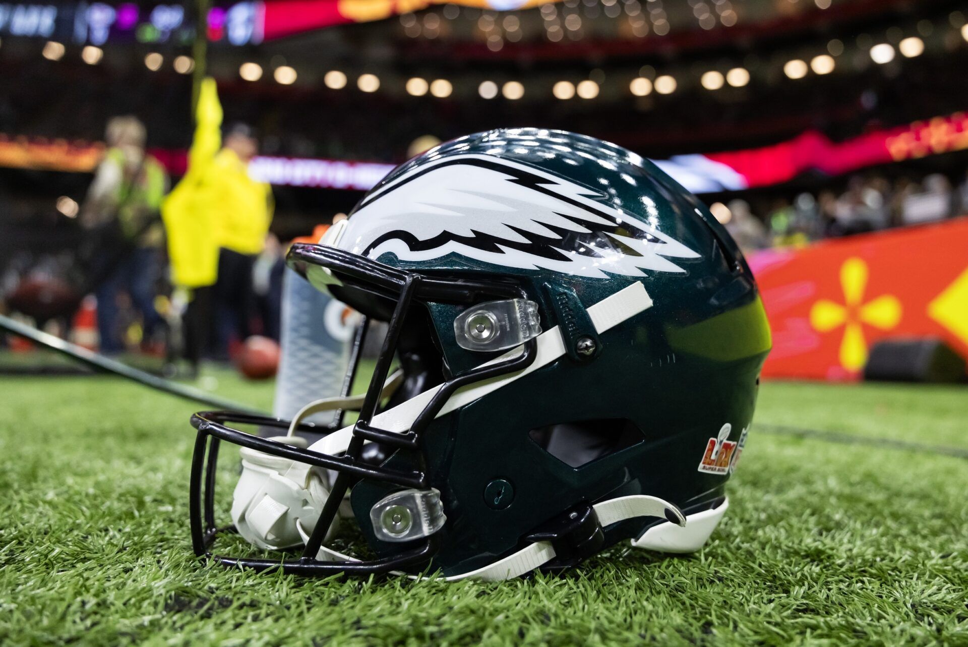Detailed view of a Philadelphia Eagles helmet during Super Bowl LIX at Ceasars Superdome.