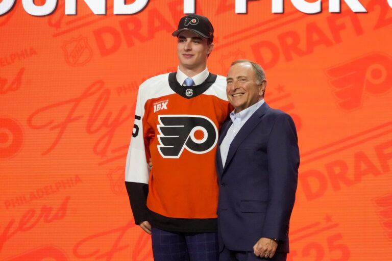Porter Martone is selected as the sixth overall pick to the Philadelphia Flyers in the first round of the 2025 NHL Draft at Peacock Theater.
